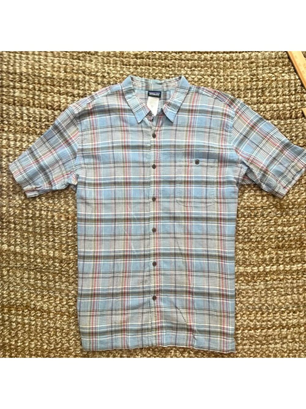 Patagonia Mens Button Up Plaid Short Sleeve Organic Cotton Shirt Light Blue 2XL